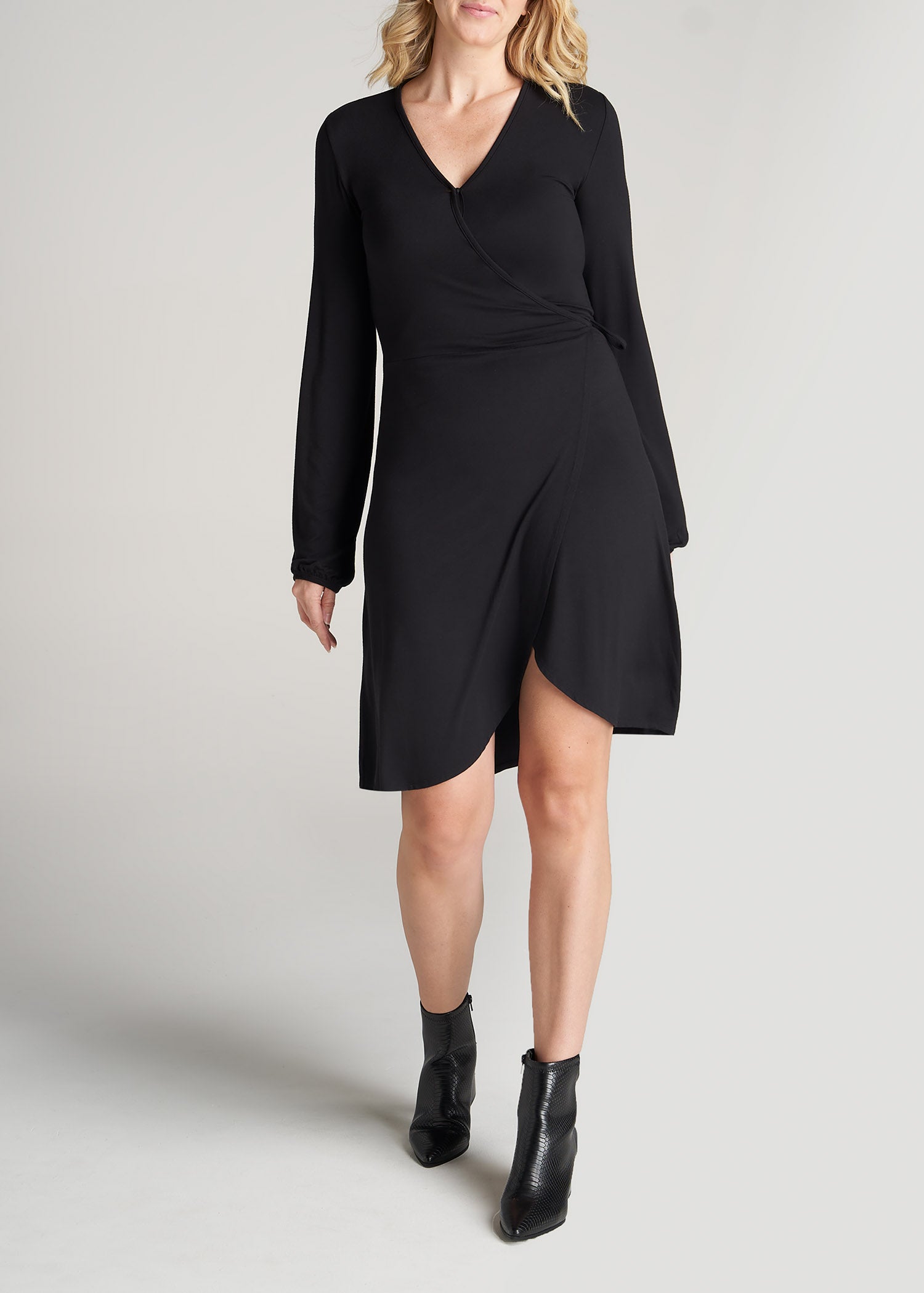 Women's Tall Long Sleeve Jersey Wrap Dress in Black | American Tall